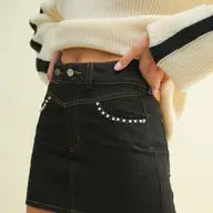 Black Denim Skirt w/ Pearl on Pocket