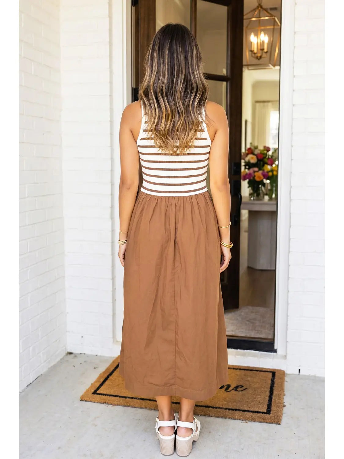 Striped Patchwork Midi Dress - Chestnut