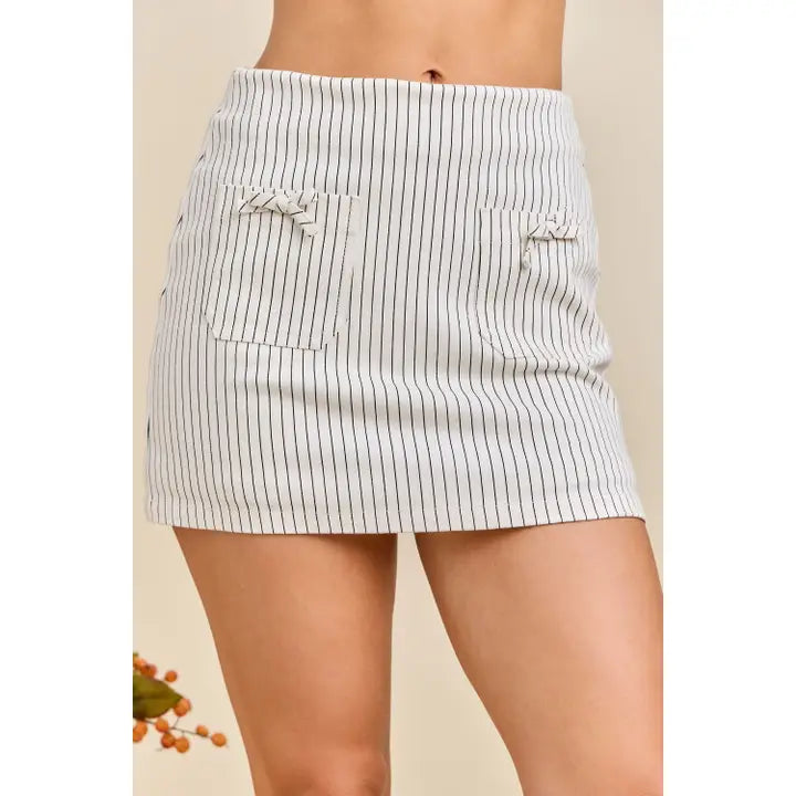 Stripe Print Denim Mini Skort w/ Front Pockets