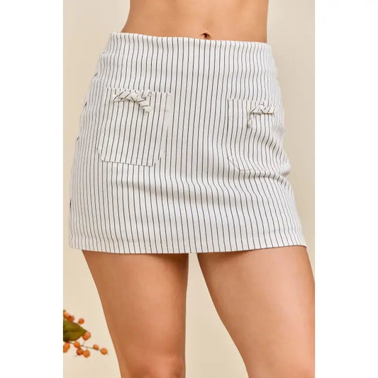 Stripe Print Denim Mini Skort w/ Front Pockets