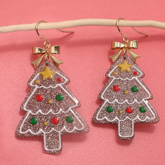 Bow Glitter Christmas Tree Earrings