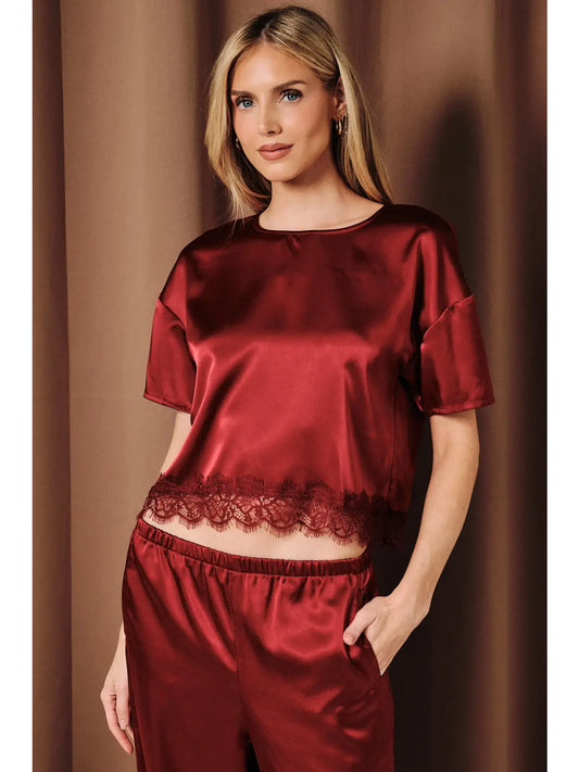 Burgundy Short Sleeve Satin Lace Trim Top