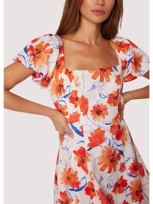 Poppy Blooms Mini Dress With Puff Sleeves