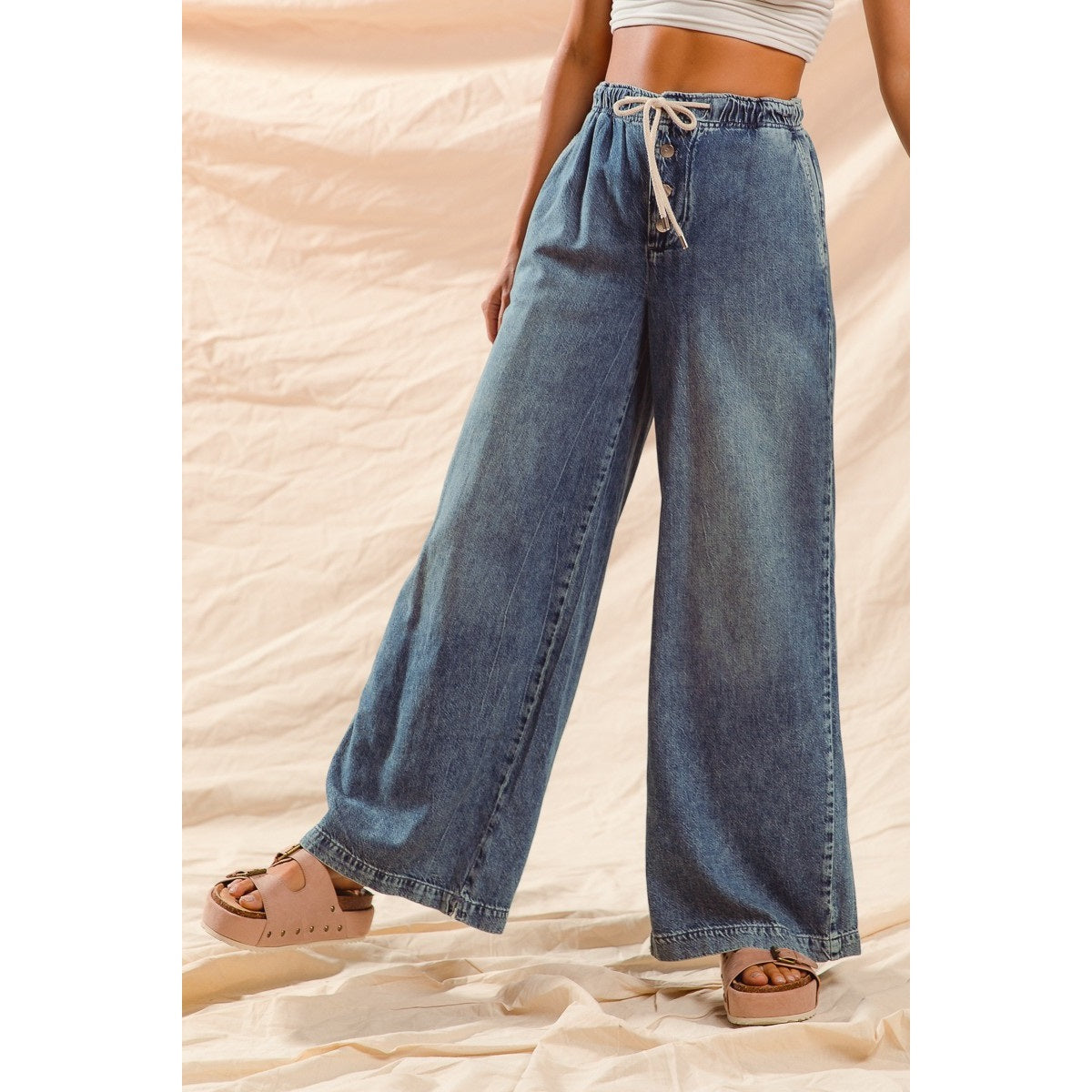 Wide Leg Denim Pants with Drawstring