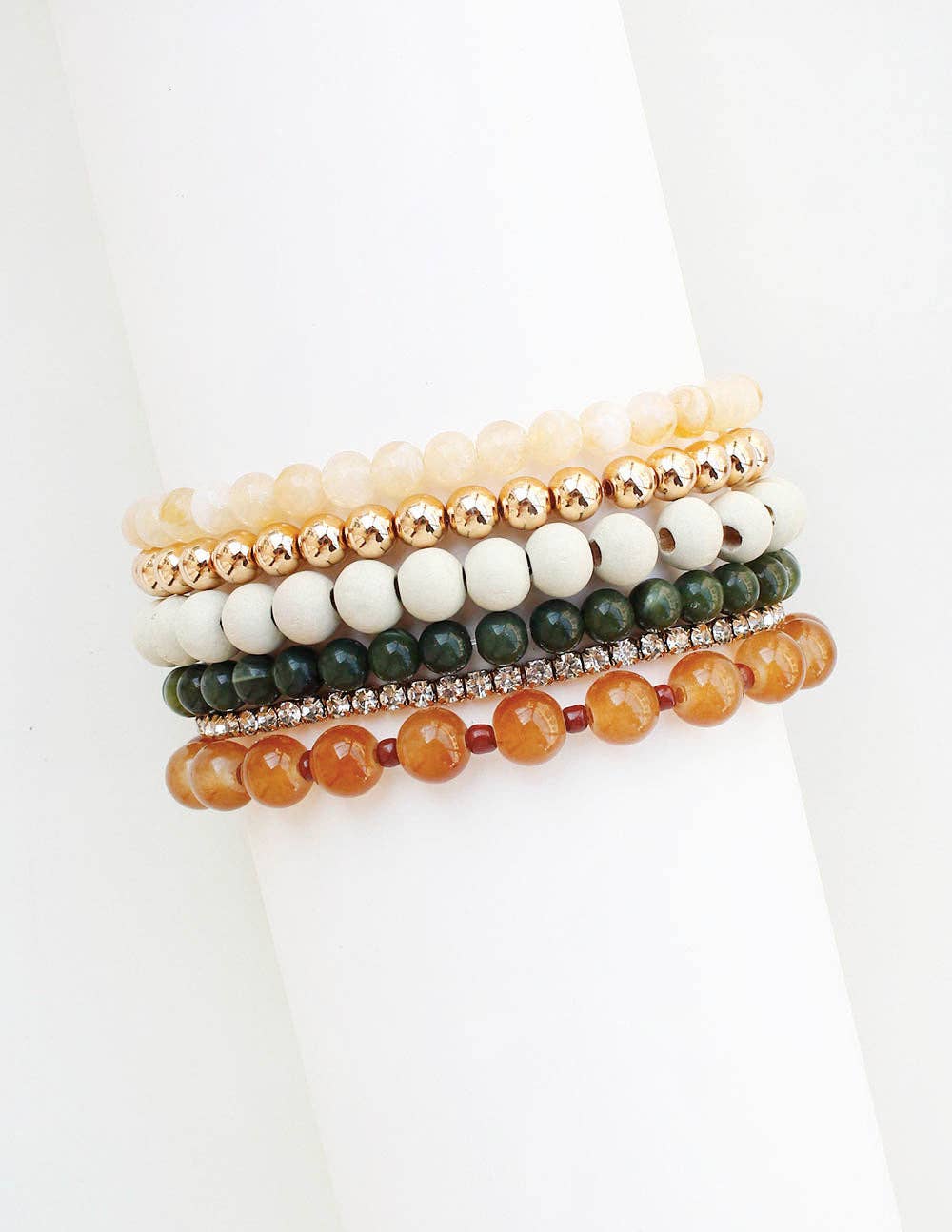Set of 5 Natural and Green Beaded Stretch Bracelets