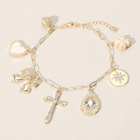 Bow Mother of Pearl Heart Clover Charm Station Bracelet