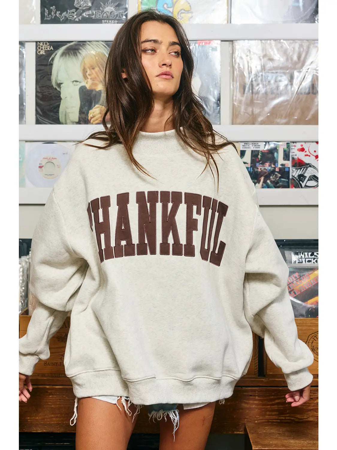 THANKFUL Embroidery Mock Neck Sweatshirt