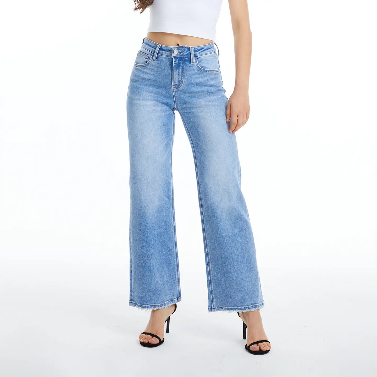 Bayeas Mid Rise Wide Leg Jeans with Finished Hem