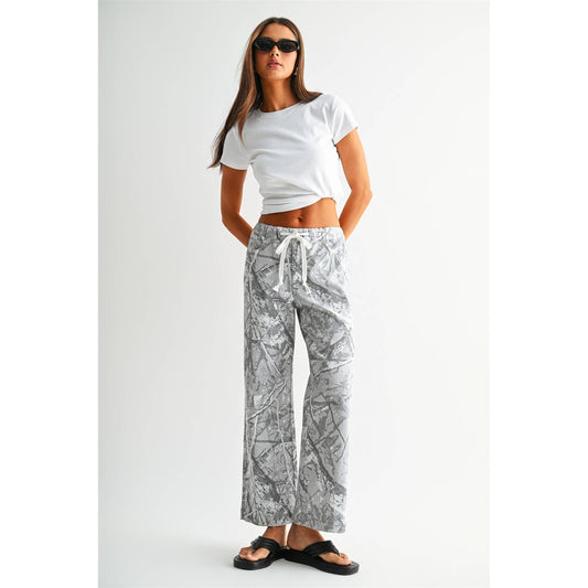 Camo High Rise Wide Ankle Denim Drawstring Pant