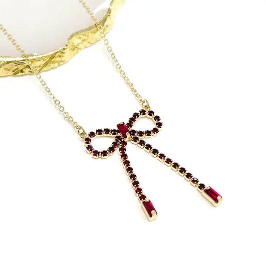 Red Rhinestone Bow Necklace