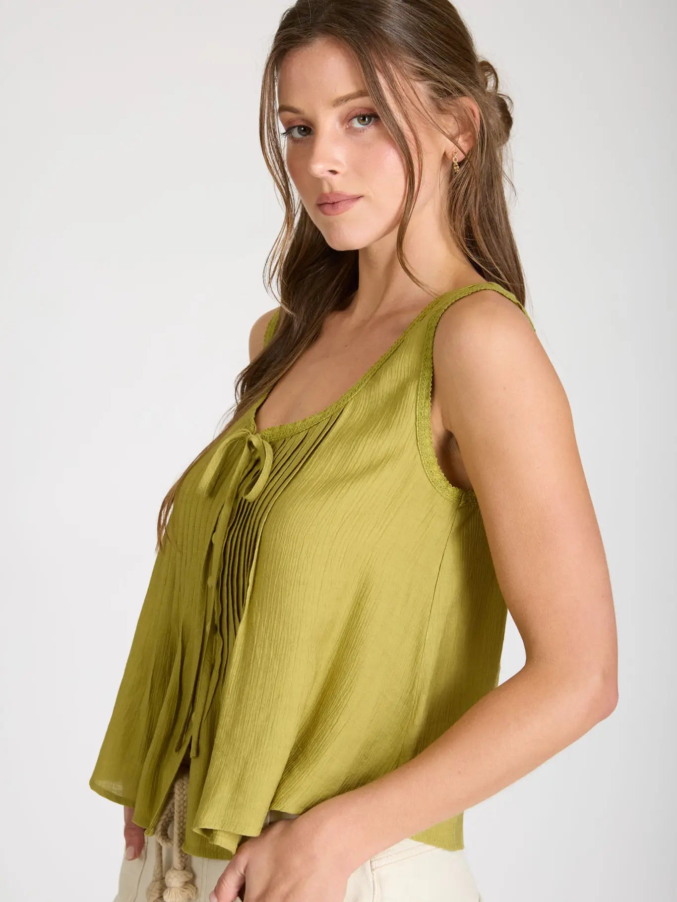 Olive Lace Trim Front Tie Button Down Sleeveless