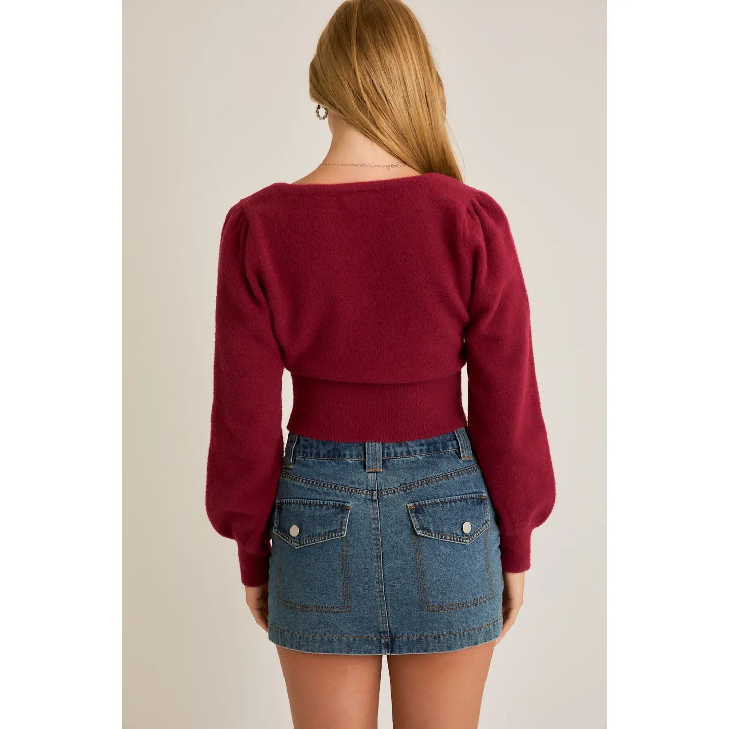 Berry Round Neck Bubble Sleeve Crop Sweater