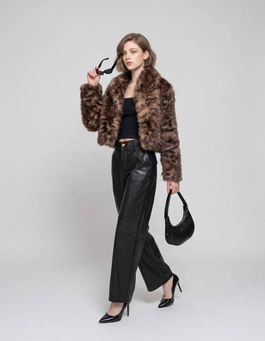 Notched Collar Printed Fur Jacket