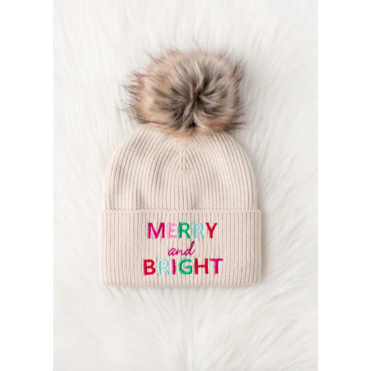 Beige Merry & Bright Knit Pom Beanie