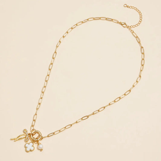 Gold Dipped Bow Charm Necklace with Clover and Pearl