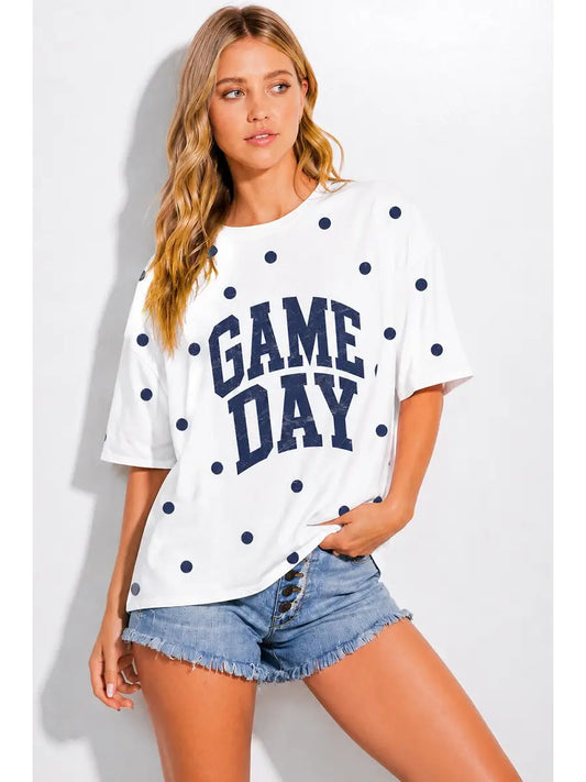 Navy Gameday Polka Dot Print Top
