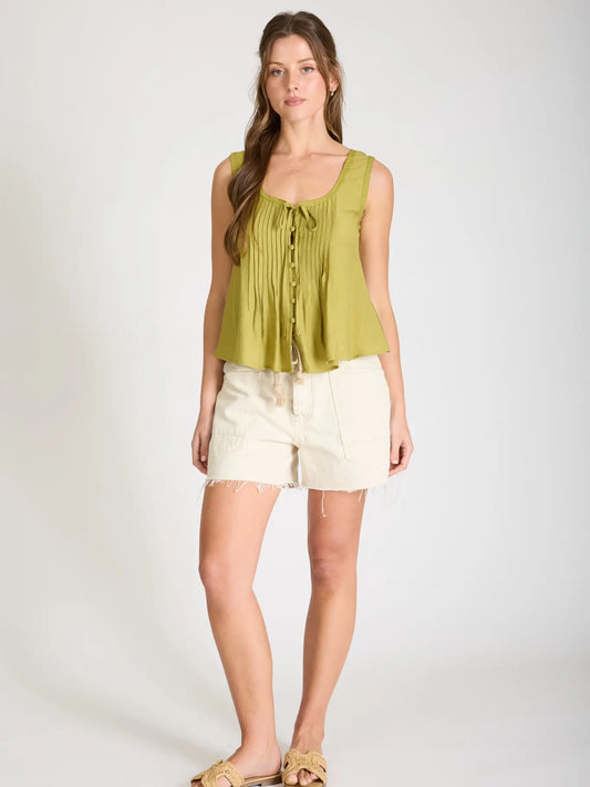 Olive Lace Trim Front Tie Button Down Sleeveless