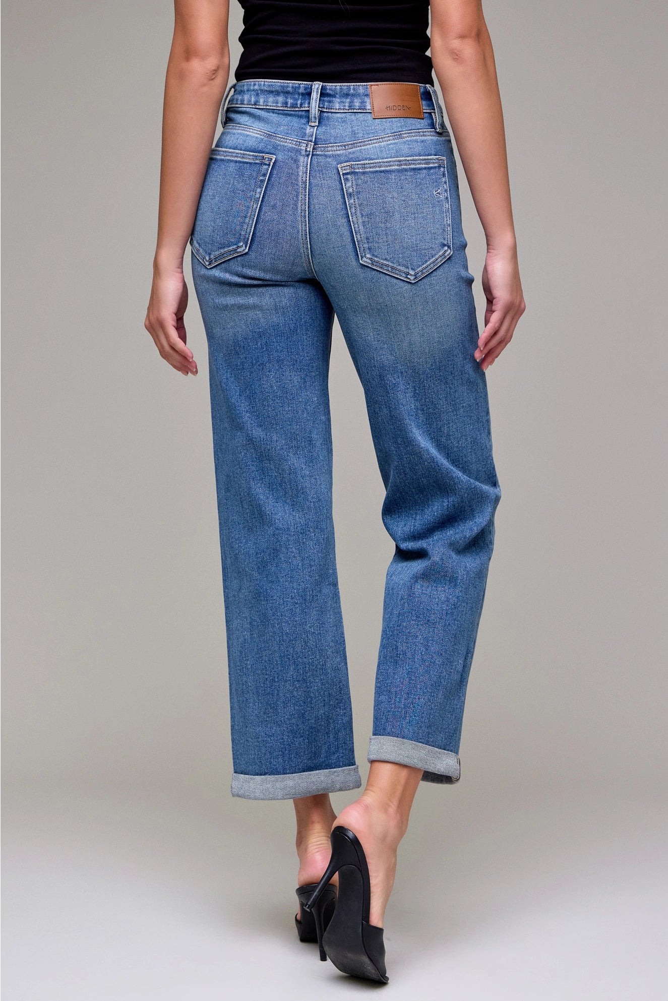 Hidden Dark Wash Double Cuffed High Rise Classic Straight
