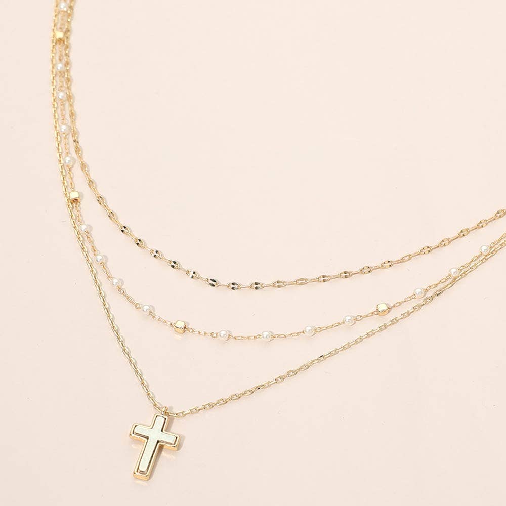 Cross Pendant Accent Pearl Layered Chain Necklace