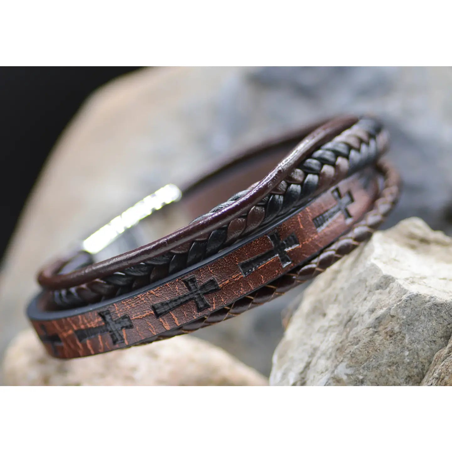 Cross Leather Stamped Bracelet - Eden Merry Bracelet