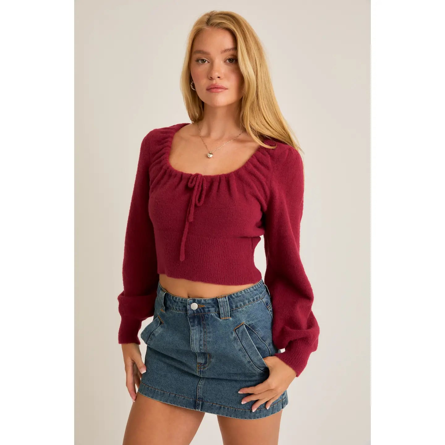 Berry Round Neck Bubble Sleeve Crop Sweater