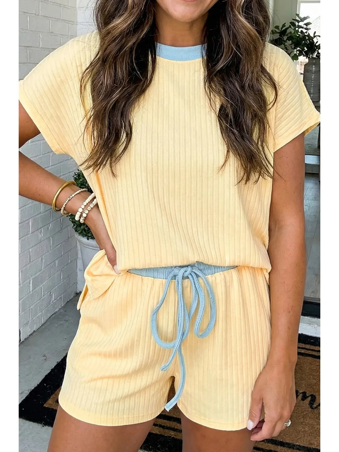 Ribbed Yellow & Blue Shorts Set