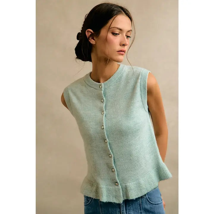 Button Front Ruffle Trim Hem Knit Vest- Sea Salt Blue