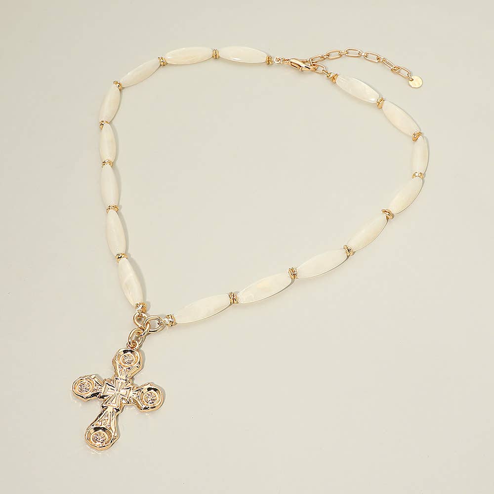 Bold Elegant Cross Pendant Chunky Resin Beaded Statement Necklace