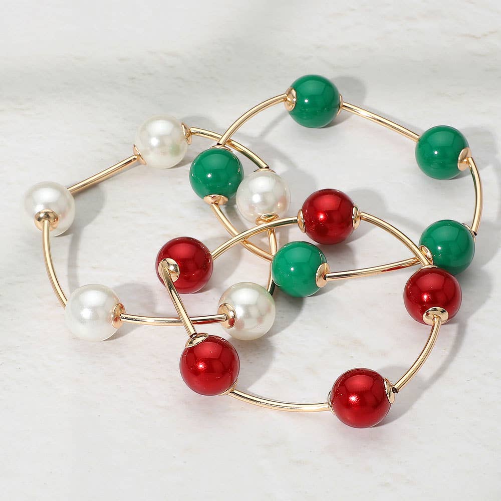 Bold Christmas Theme Ball Metal Bar Beaded Stretch Multi Layered Bracelets