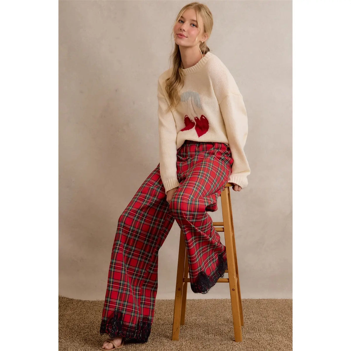 Christmas Plaid Check Lace Trim Wide Leg Elastic Mid Rise Pants