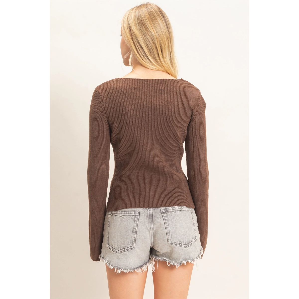 Brown Ribbed Boat Neck Sweater