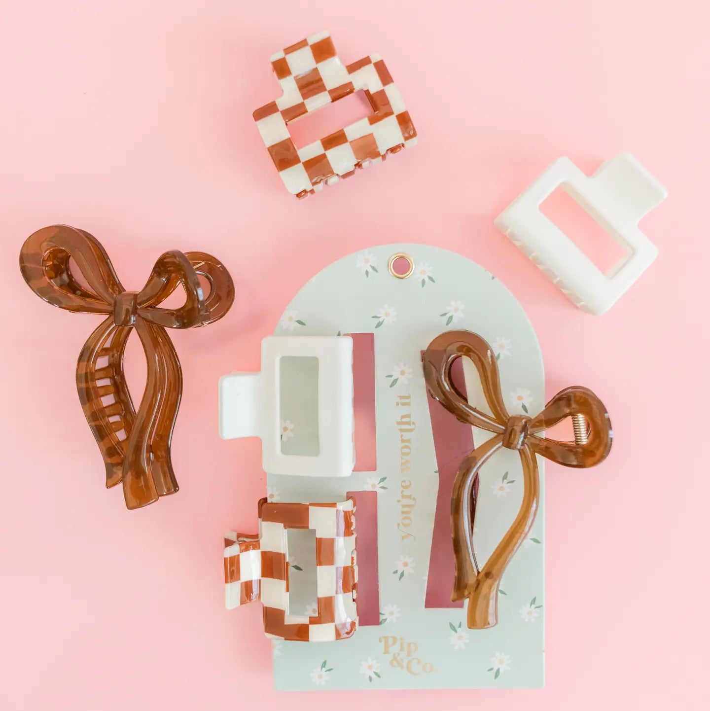 Mocha Bow and Checkered Claw Hair Clip Set