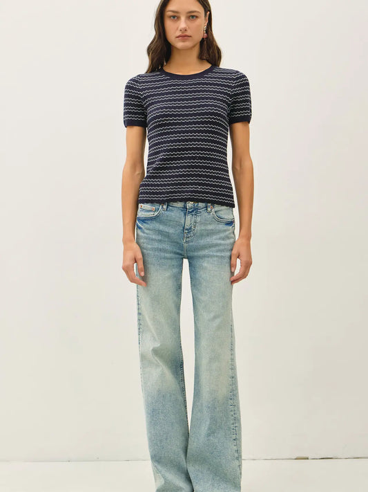 Navy Scalloped Short Sleeve Sweater Top