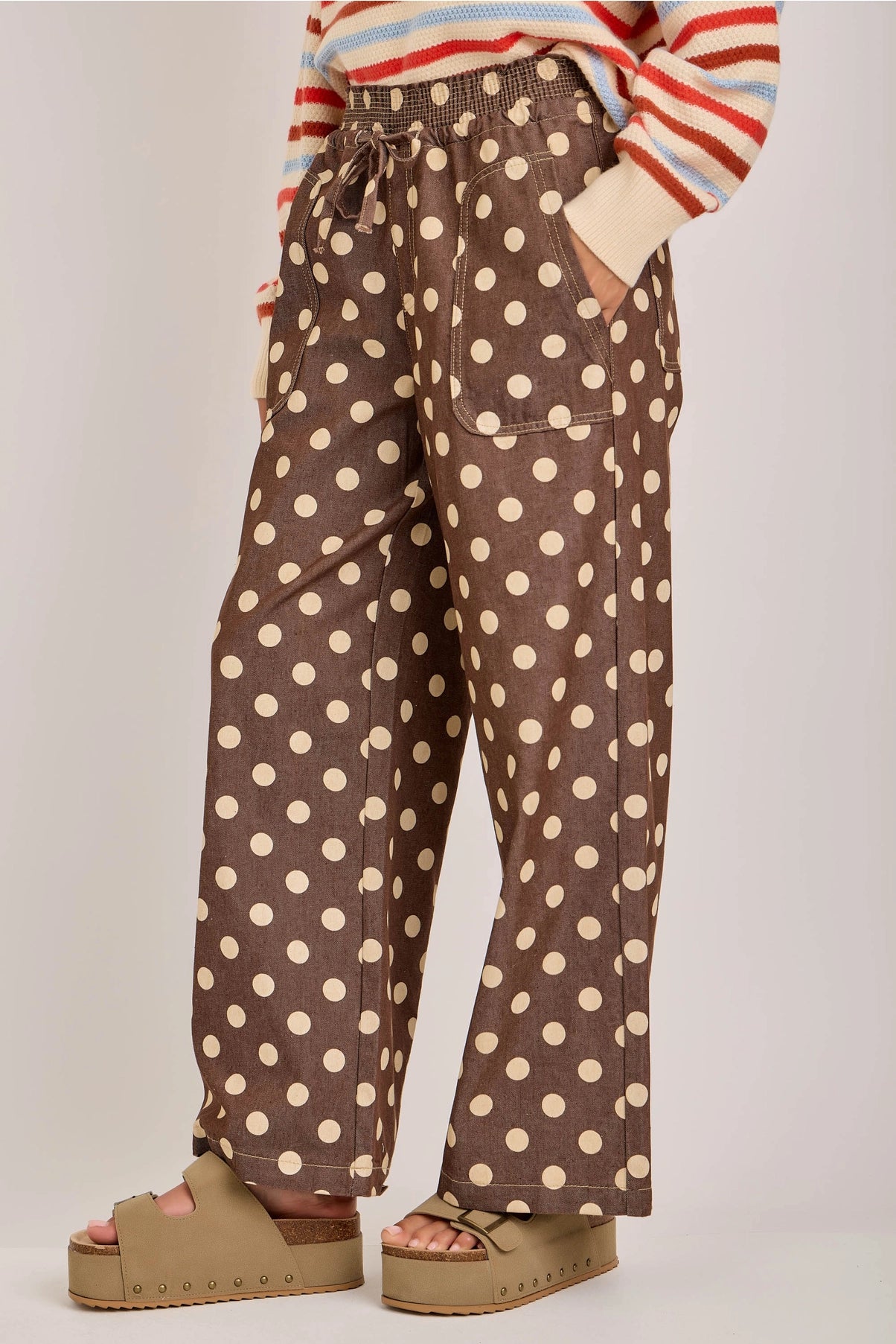 Relaxed Wide Leg Soft Polka Dot Drawstring PANTS