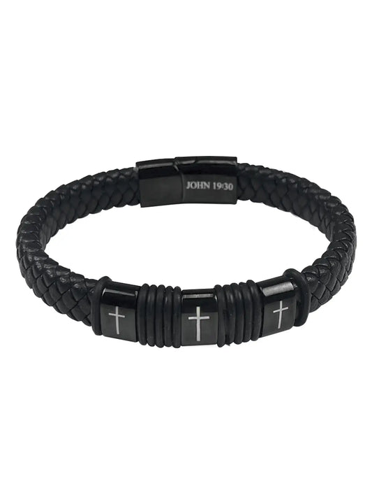 John 19:30 Braided Leather Cross Bracelet