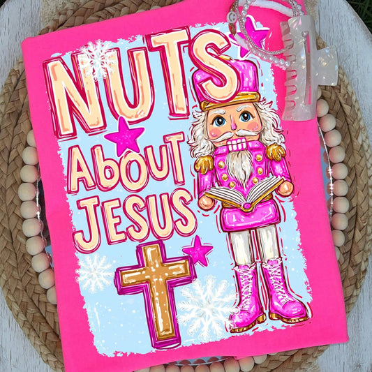 Youth & Ladies Nuts About Jesus On Neon Pink Tees