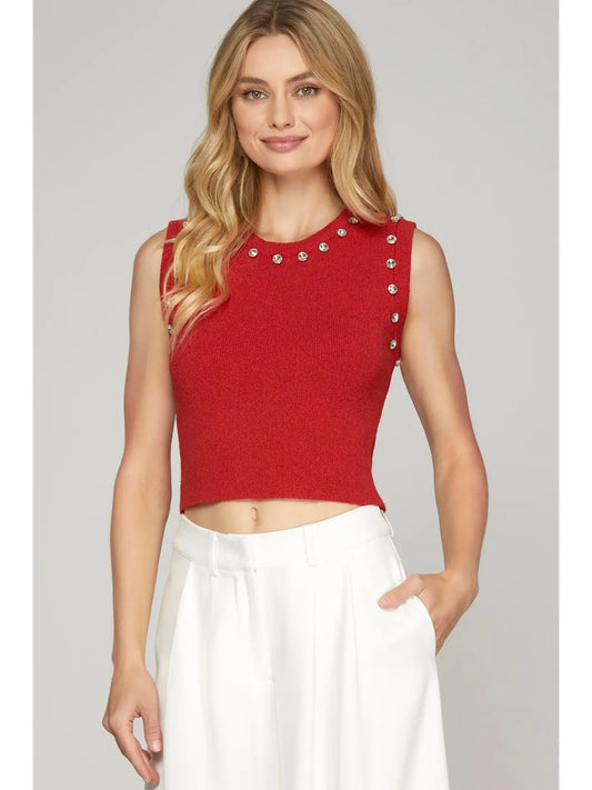 Red Sleeveless Rhinestone Sweater Crop