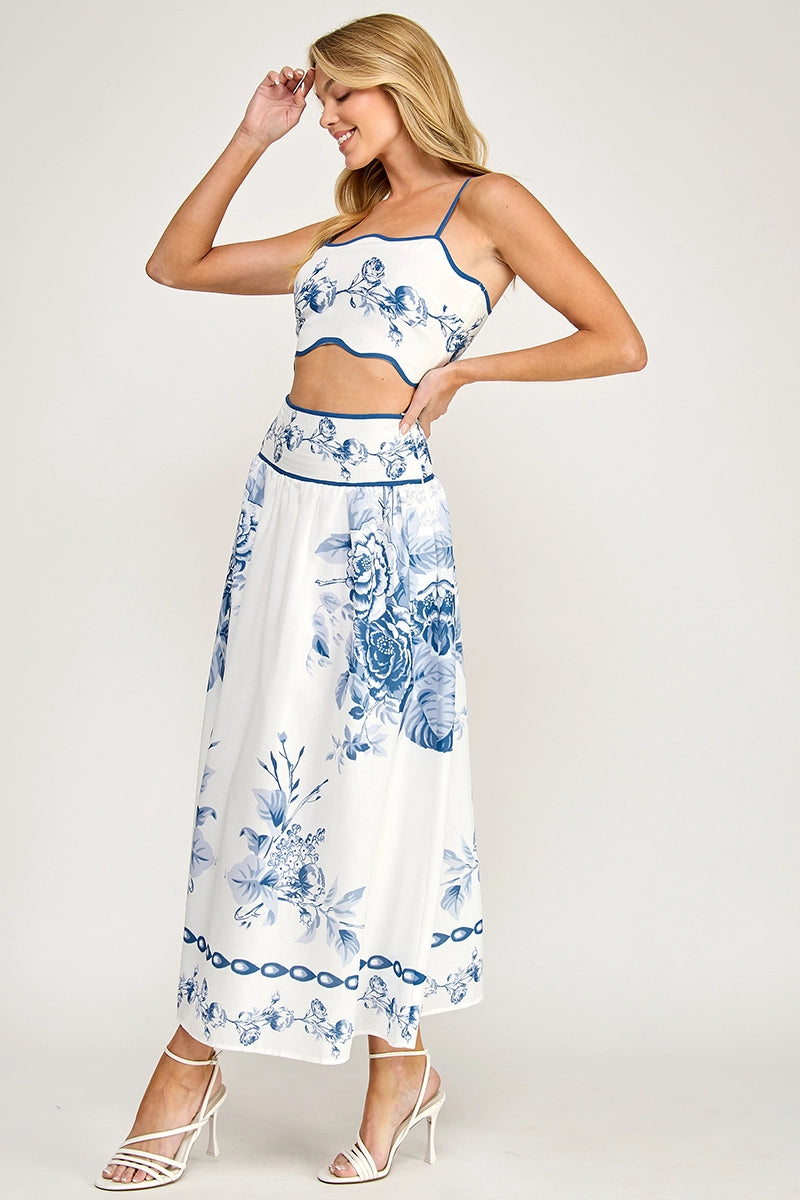 Linen Straps Smocking Top Maxi Pockets Skirt Set