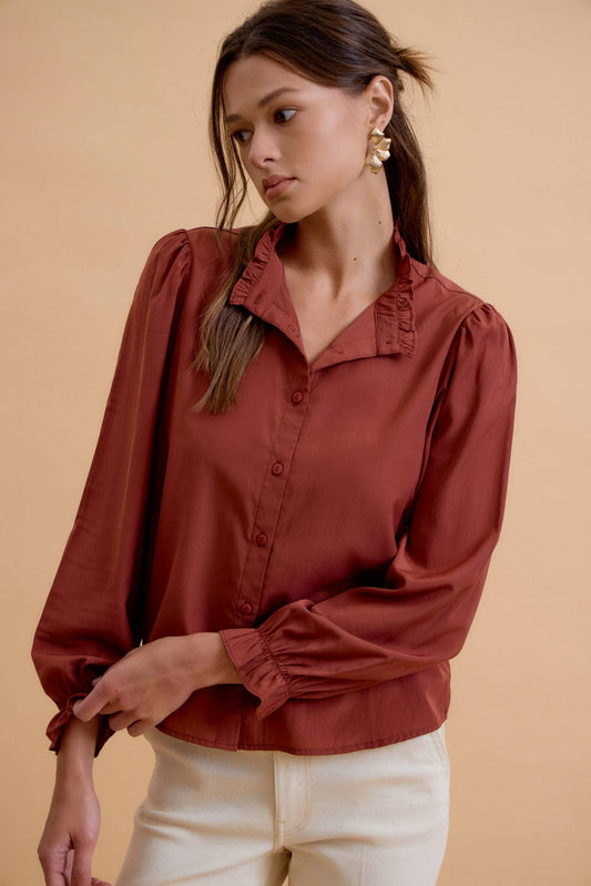 Ruffle Button Down Collar Blouse In Chestnut