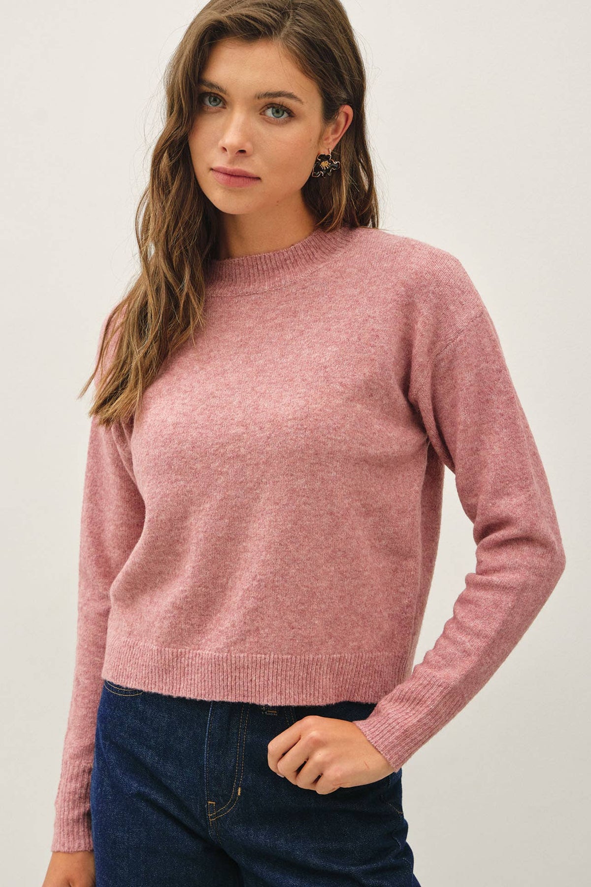 Wool Touch Modest Cropped Sweater In Rose Pink
