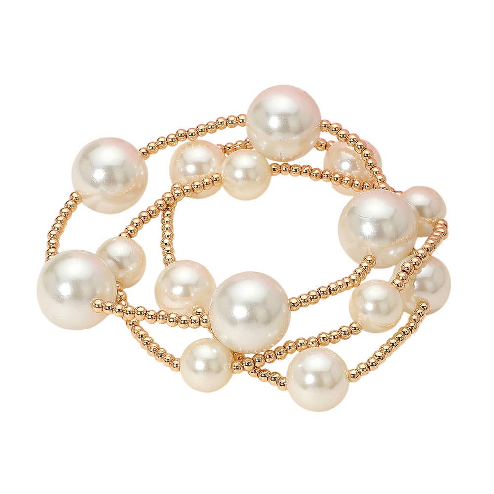 3PCS - Chunky Pearl Accent Metal Ball Beaded Stretch Multi Layered Bracelets