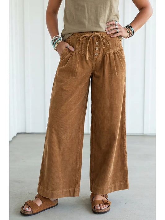 Wooden Button Elastic Waist Wide Leg Pants