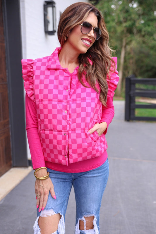 Pink Checkered Puffer Vest