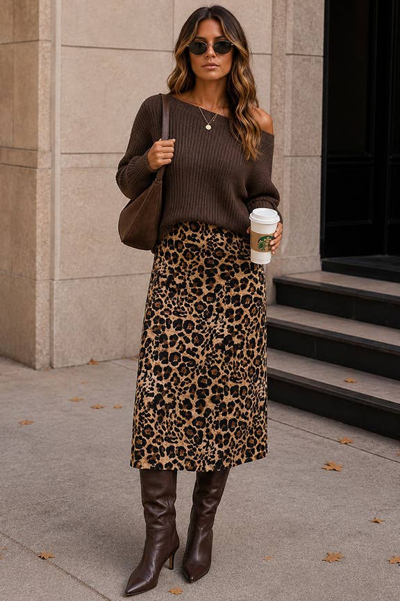 Leopard Print Satin Midi Skirt