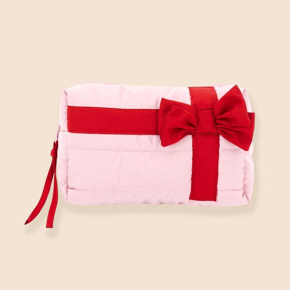 Pink Christmas Gift Bow Quilted Cosmetic Pouch Bag