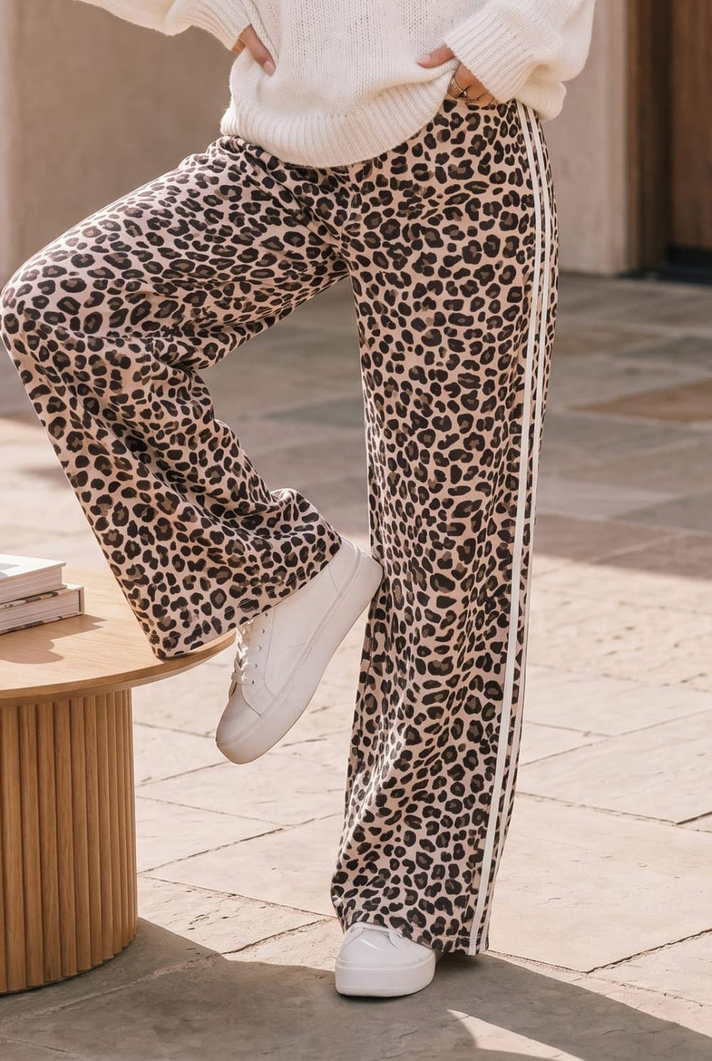 Leopard Wide Leg Pants with Side Stripe