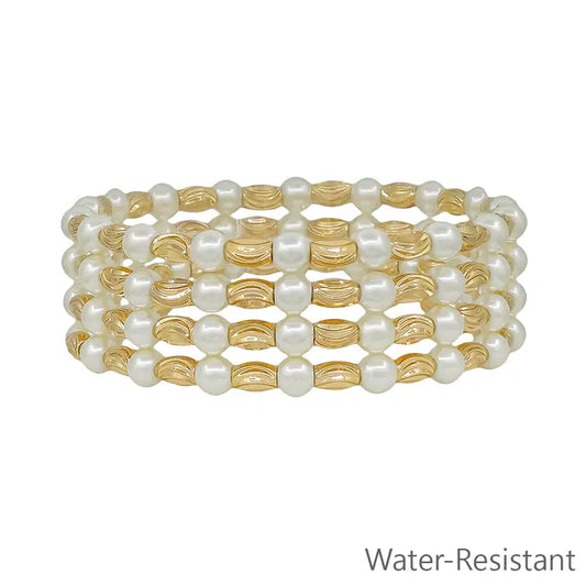 Gold & Oval Pearl Stretch Set of 4 Bracelets
