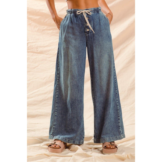 Wide Leg Denim Pants with Drawstring