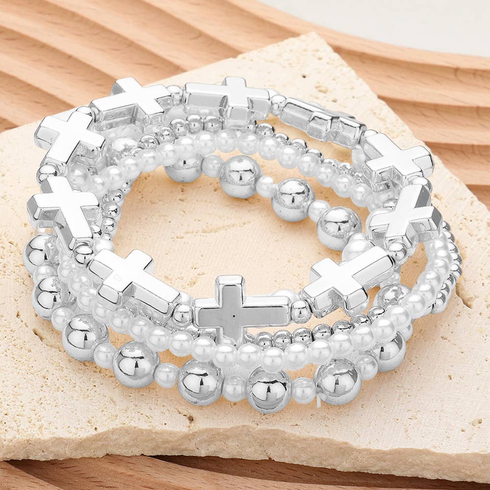 5PCS - Metal Cross Pearl Bead Stretch Multi Layered Bracelet