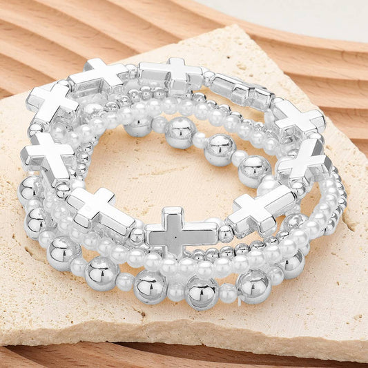 5PCS - Metal Cross Pearl Bead Stretch Multi Layered Bracelet